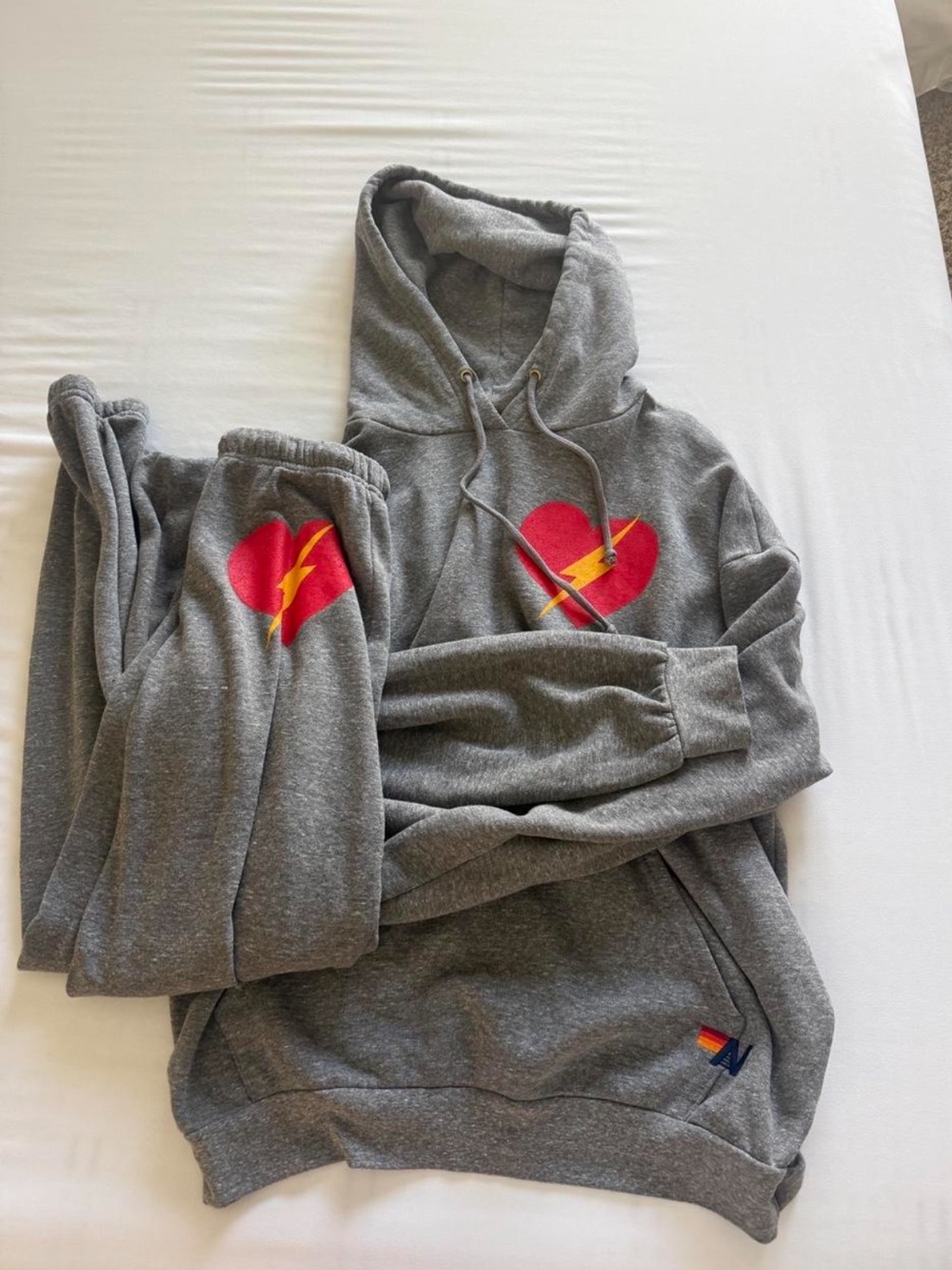 Aviator Nation Grey Kids Hoodie & Jogger Set with Red Heart and Yellow Lightning